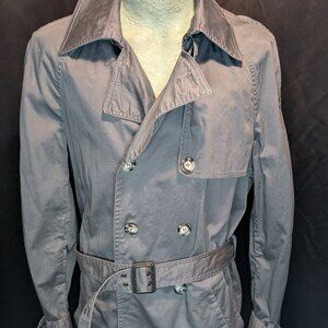 EUC Mens H&M Trench Coat Blue 44 R Jacket Long Double Breast Waistcoat